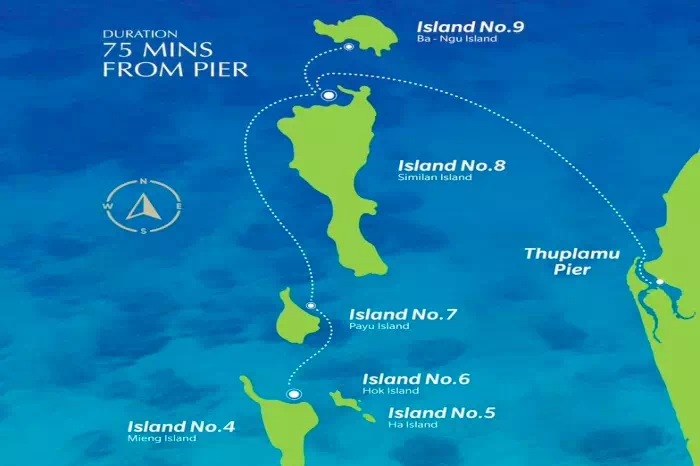 Similan Islands map showing islands, beaches and snorkeling locations